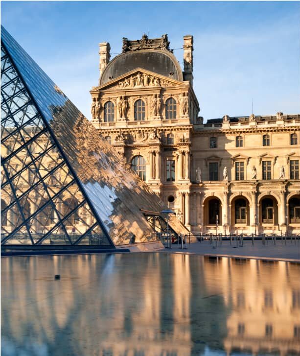 glass pyramid & historic building