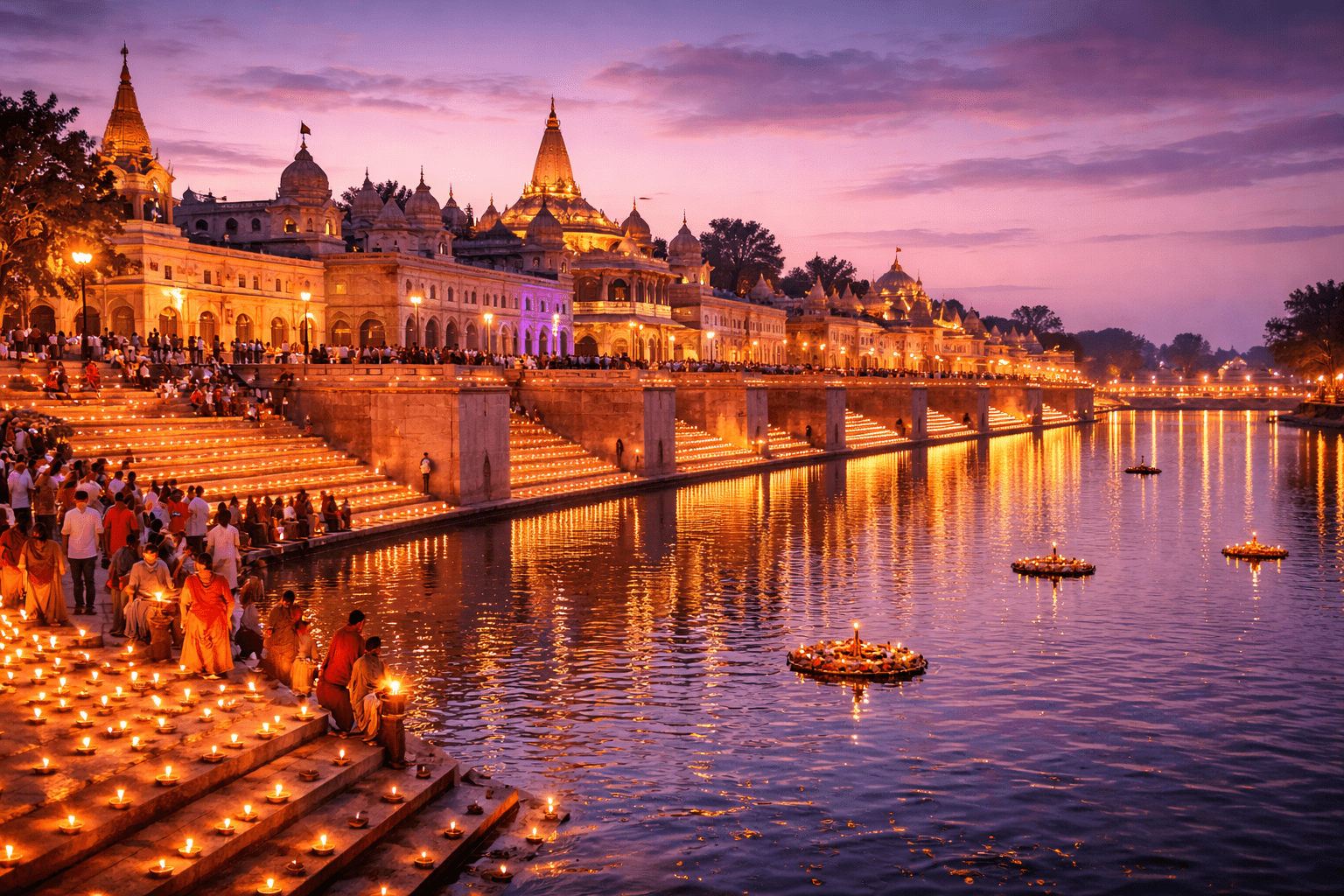 Ayodhya river ghat with evening diyas