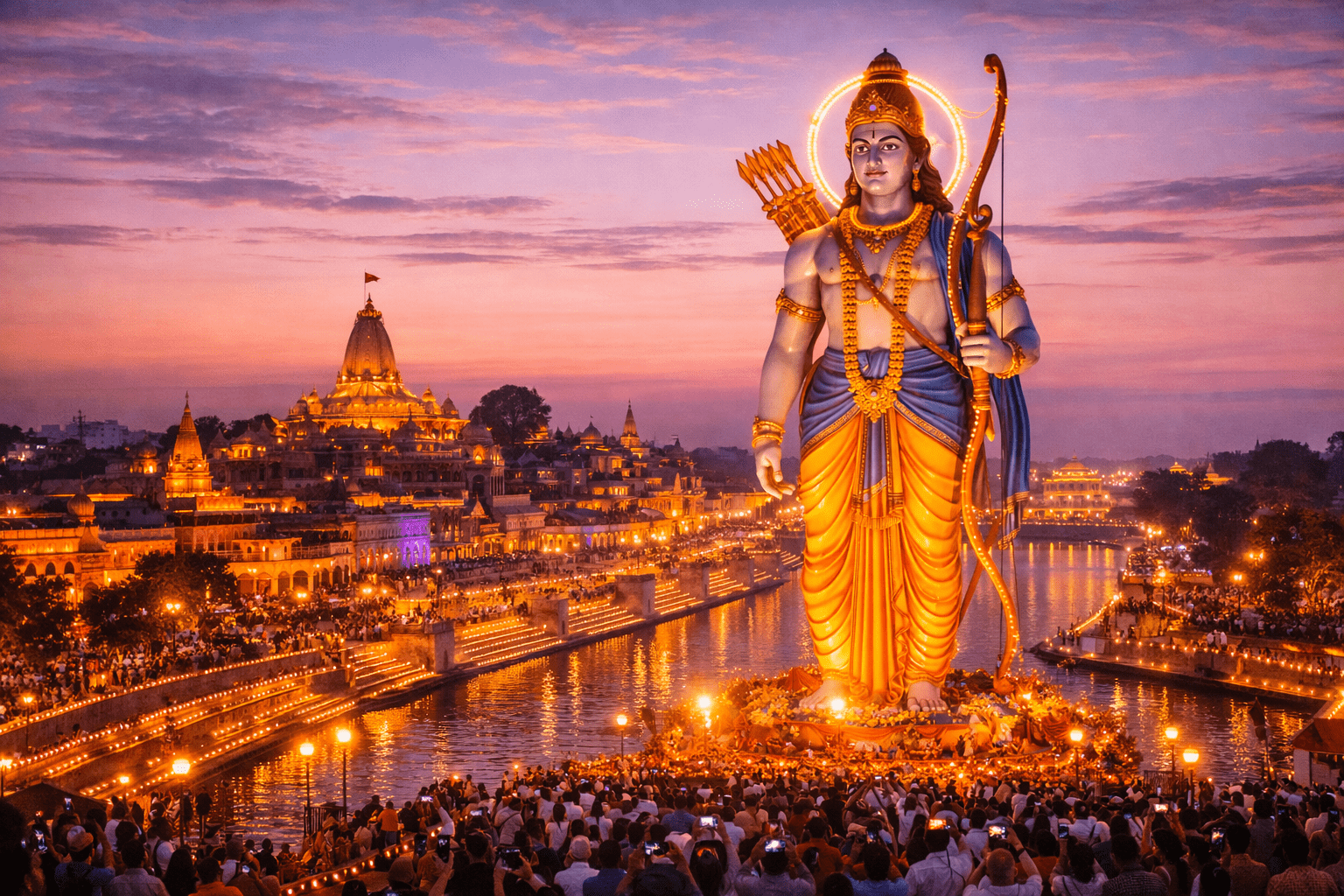 Ram Mandir Ayodhya illuminated at night